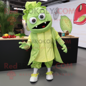 Lime Green Ceviche mascot costume character dressed with a Oxford Shirt and Shoe laces