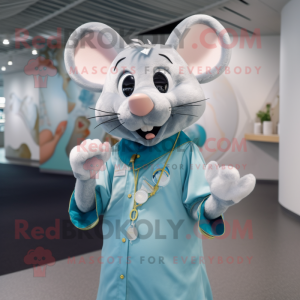 Cyan Rat mascot costume character dressed with a Blouse and Rings