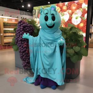 Turquoise Grape mascot costume character dressed with a Poplin Shirt and Shawls