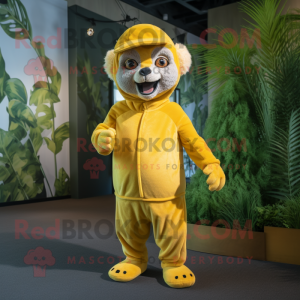 Yellow Lemur mascot costume character dressed with a Jumpsuit and Caps