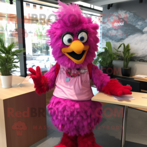 Magenta Fried Chicken mascot costume character dressed with a Poplin Shirt and Bracelets