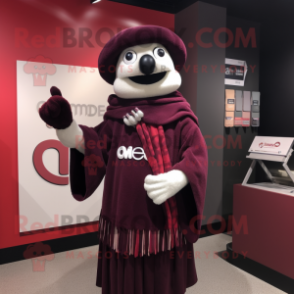 Maroon Mime mascot costume character dressed with a Coat and Shawl pins