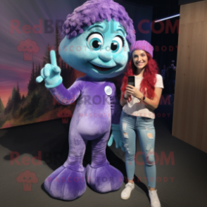 Purple Mermaid mascot costume character dressed with a Corduroy Pants and Smartwatches