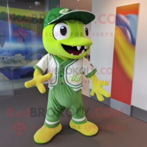 Lime Green Barracuda mascot costume character dressed with a Shorts and Caps