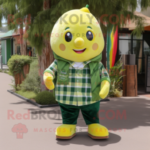 Forest Green Lemon mascot costume character dressed with a Flannel Shirt and Wraps