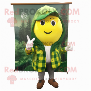 Forest Green Lemon mascot costume character dressed with a Flannel Shirt and Wraps