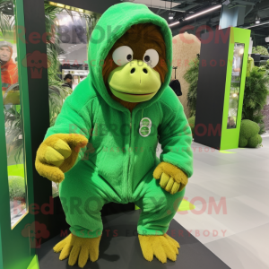 Lime Green Orangutan mascot costume character dressed with a Hoodie and Coin purses