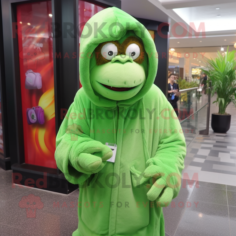 Lime Green Orangutan mascot costume character dressed with a Hoodie and Coin purses