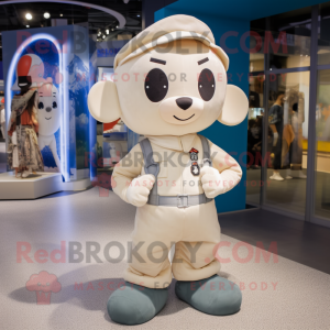 Cream Air Force Soldier mascot costume character dressed with a Dungarees and Earrings