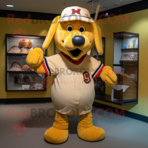 Gold Hot Dog mascot costume character dressed with a Baseball Tee and Belts