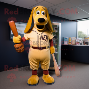 Gold Hot Dog mascot costume character dressed with a Baseball Tee and Belts