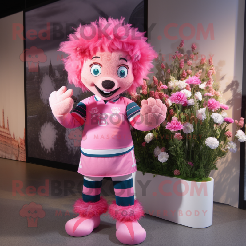 Pink Bouquet Of Flowers mascot costume character dressed with a Rugby Shirt and Bracelets