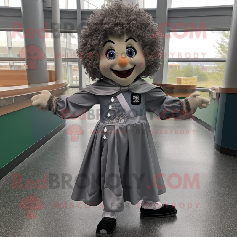 Gray Irish Dancer mascot costume character dressed with a Raincoat and Shawl pins