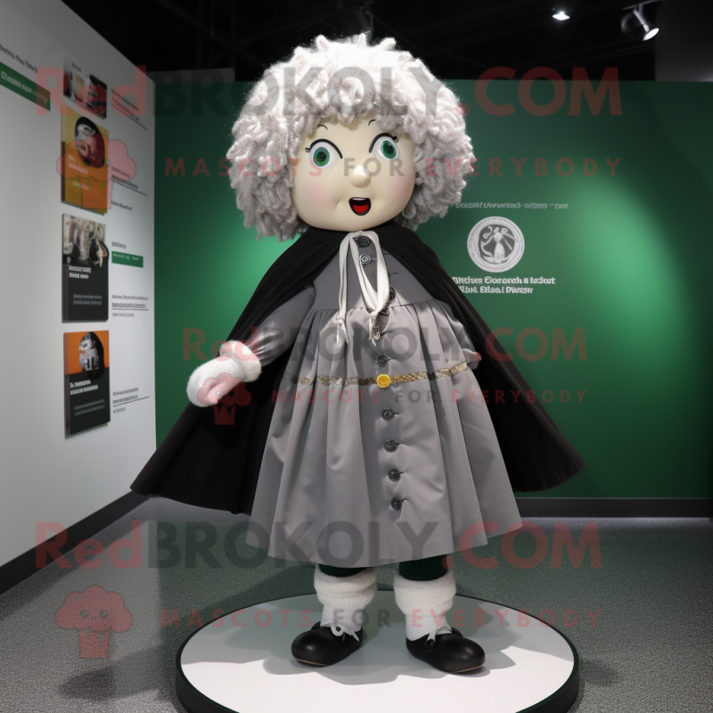 Gray Irish Dancer mascot costume character dressed with a Raincoat and Shawl pins