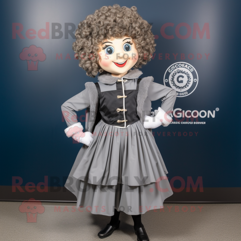 Gray Irish Dancer mascot costume character dressed with a Raincoat and Shawl pins