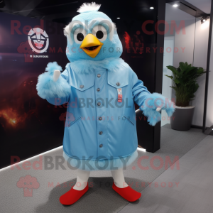 Sky Blue Fried Chicken mascot costume character dressed with a Parka and Lapel pins