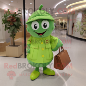 Lime Green Plum mascot costume character dressed with a Culottes and Messenger bags