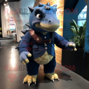 Navy Ankylosaurus mascot costume character dressed with a Long Sleeve Tee and Messenger bags