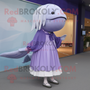 Lavender Humpback Whale mascot costume character dressed with a Circle Skirt and Shoe laces