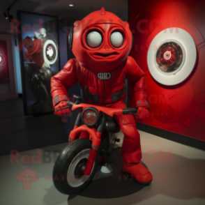 Red Cyclops mascot costume character dressed with a Moto Jacket and Foot pads