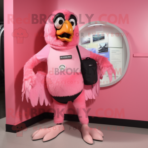 Pink Vulture mascot costume character dressed with a One-Piece Swimsuit and Wallets