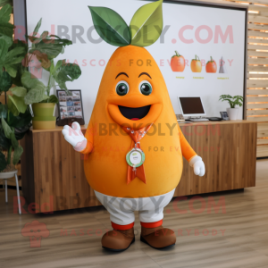 Orange Pear mascot costume character dressed with a Button-Up Shirt and Bracelets