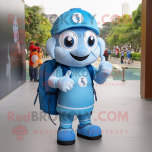 Sky Blue Bracelet mascot costume character dressed with a Polo Tee and Backpacks