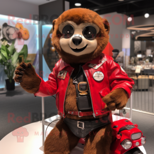 Red Sloth mascot costume character dressed with a Moto Jacket and Coin purses