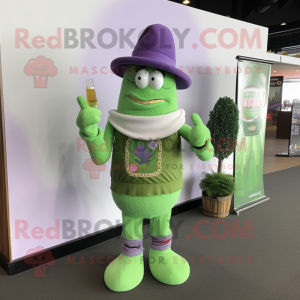 Lavender Green Beer mascot costume character dressed with a Sweater and Hat pins