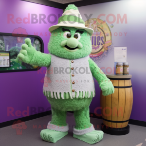 Lavender Green Beer mascot costume character dressed with a Sweater and Hat pins