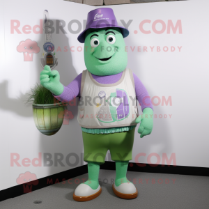 Lavender Green Beer mascot costume character dressed with a Sweater and Hat pins