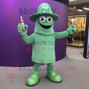 Lavender Green Beer mascot costume character dressed with a Sweater and Hat pins