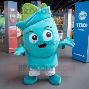 Cyan Tacos mascot costume character dressed with a T-Shirt and Caps