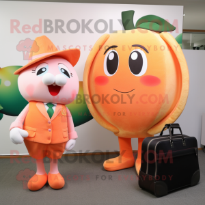 Peach Apricot mascot costume character dressed with a A-Line Dress and Briefcases