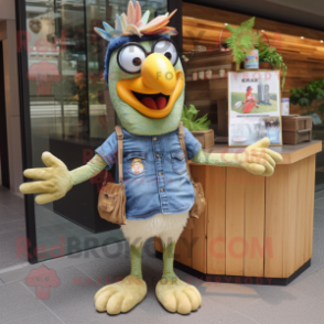 Olive Butter Chicken mascot costume character dressed with a Denim Shorts and Keychains