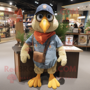 Olive Butter Chicken mascot costume character dressed with a Denim Shorts and Keychains