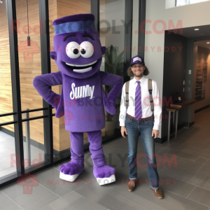 Purple Attorney mascot costume character dressed with a Mom Jeans and Tie pins