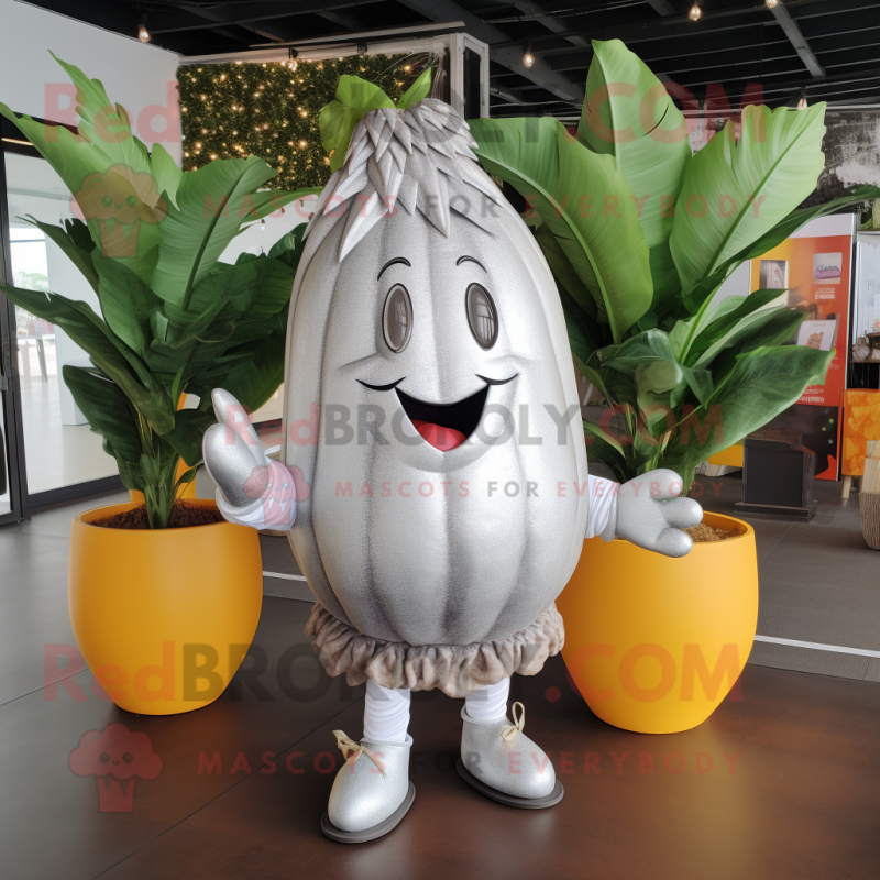 Silver Mango mascot costume character dressed with a Shorts and Hair clips