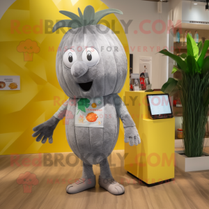 Silver Mango mascot costume character dressed with a Shorts and Hair clips