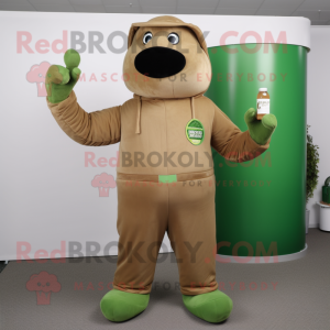 Tan Green Beer mascot costume character dressed with a Jumpsuit and Gloves