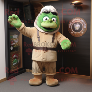 Tan Green Beer mascot costume character dressed with a Jumpsuit and Gloves