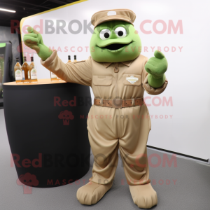 Tan Green Beer mascot costume character dressed with a Jumpsuit and Gloves