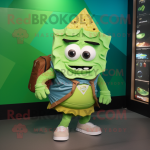 Green Nachos mascot costume character dressed with a Vest and Backpacks