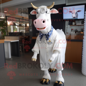 White Guernsey Cow mascot costume character dressed with a Mini Dress and Tie pins