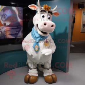 White Guernsey Cow mascot costume character dressed with a Mini Dress and Tie pins