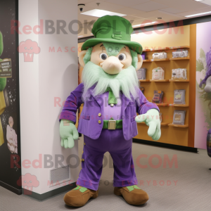 Lavender Leprechaun mascot costume character dressed with a Corduroy Pants and Coin purses