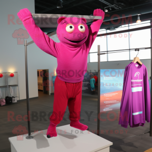 Magenta Trapeze Artist mascot costume character dressed with a Long Sleeve Tee and Earrings