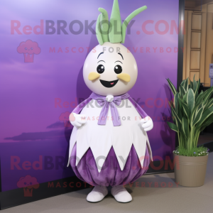 Lavender Onion mascot costume character dressed with a Skirt and Tie pins