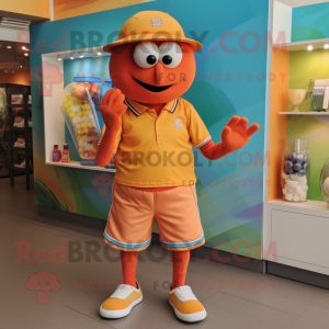 Orange Juggle mascot costume character dressed with a Bermuda Shorts and Brooches