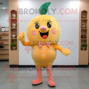 Peach Lemon mascot costume character dressed with a Corduroy Pants and Gloves